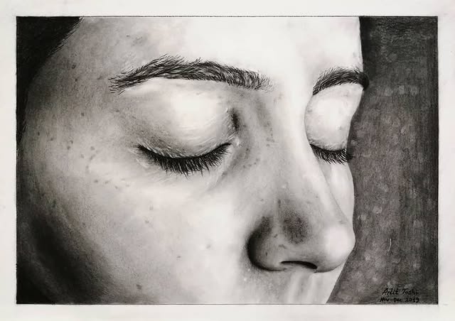 Eyelids Heavy as Dusk — charcoal portrait by Ardit Tashi