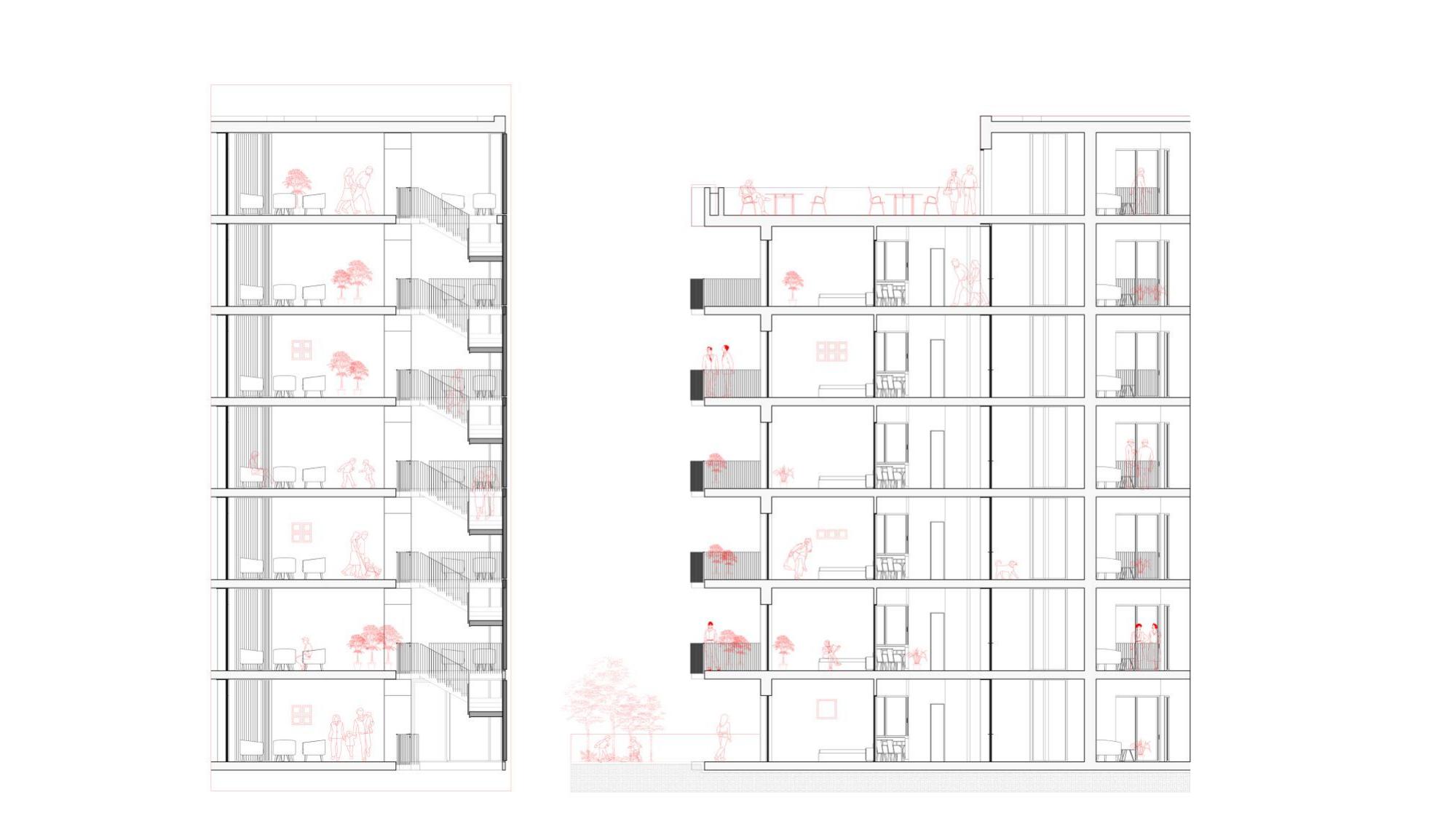 Building section showing inhabited floors