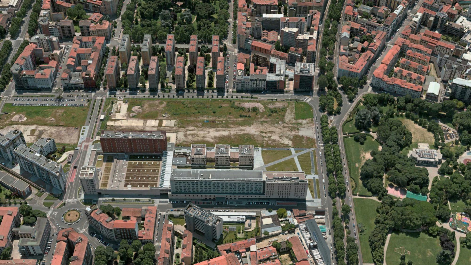 Aerial view of the surrounding urban fabric